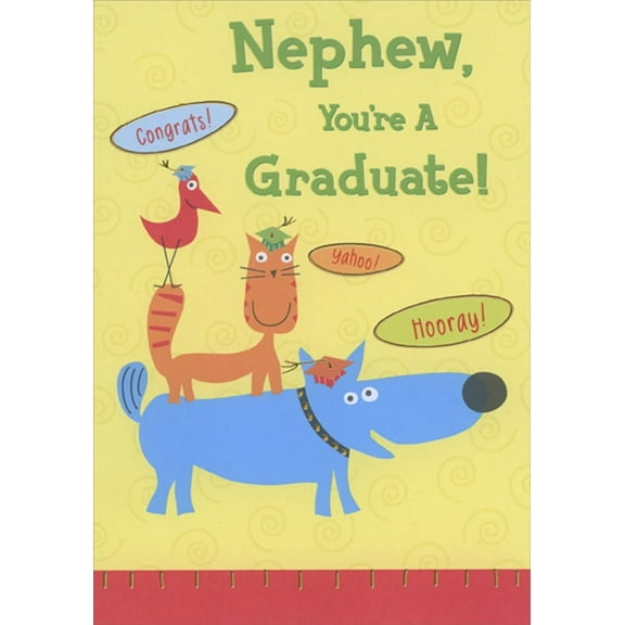 Designer Greetings Stacked Animals : Red Bird, Orange Cat and Blue Dog Juvenile / Kids Graduation Congratulations Card for Young Nephew