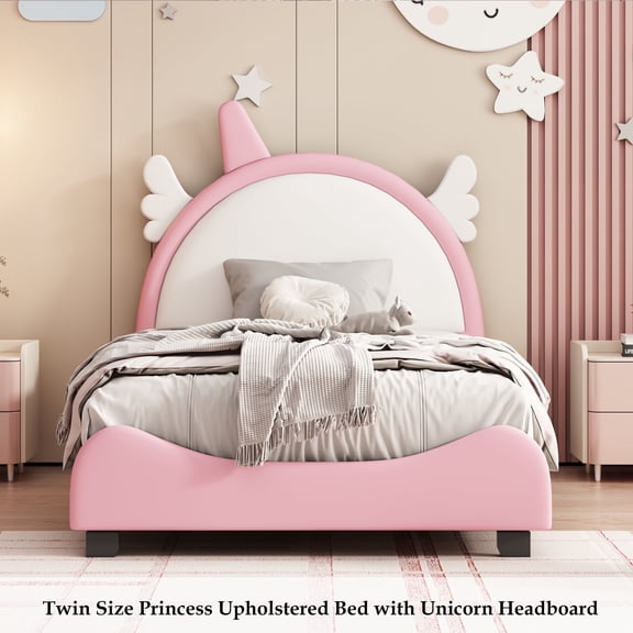 Bellemave Twin PU Leather Upholstered Platform Bed with Unicorn Style Headboard Lovely Princess Bed Twin Wood Bed Frame Low Upholstered Bed, Pink   White