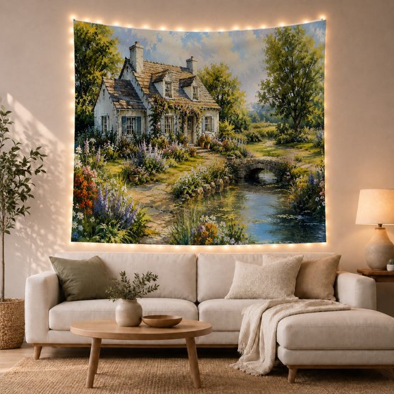 Charming Rustic Cottage with Stone Bridge in Meadow, Serene Watercolor for Cottagecore Fans, Pastoral Wall Art Decor, Housewarming Gift Tapestry Wall Hanging for Bedroom and Living Room