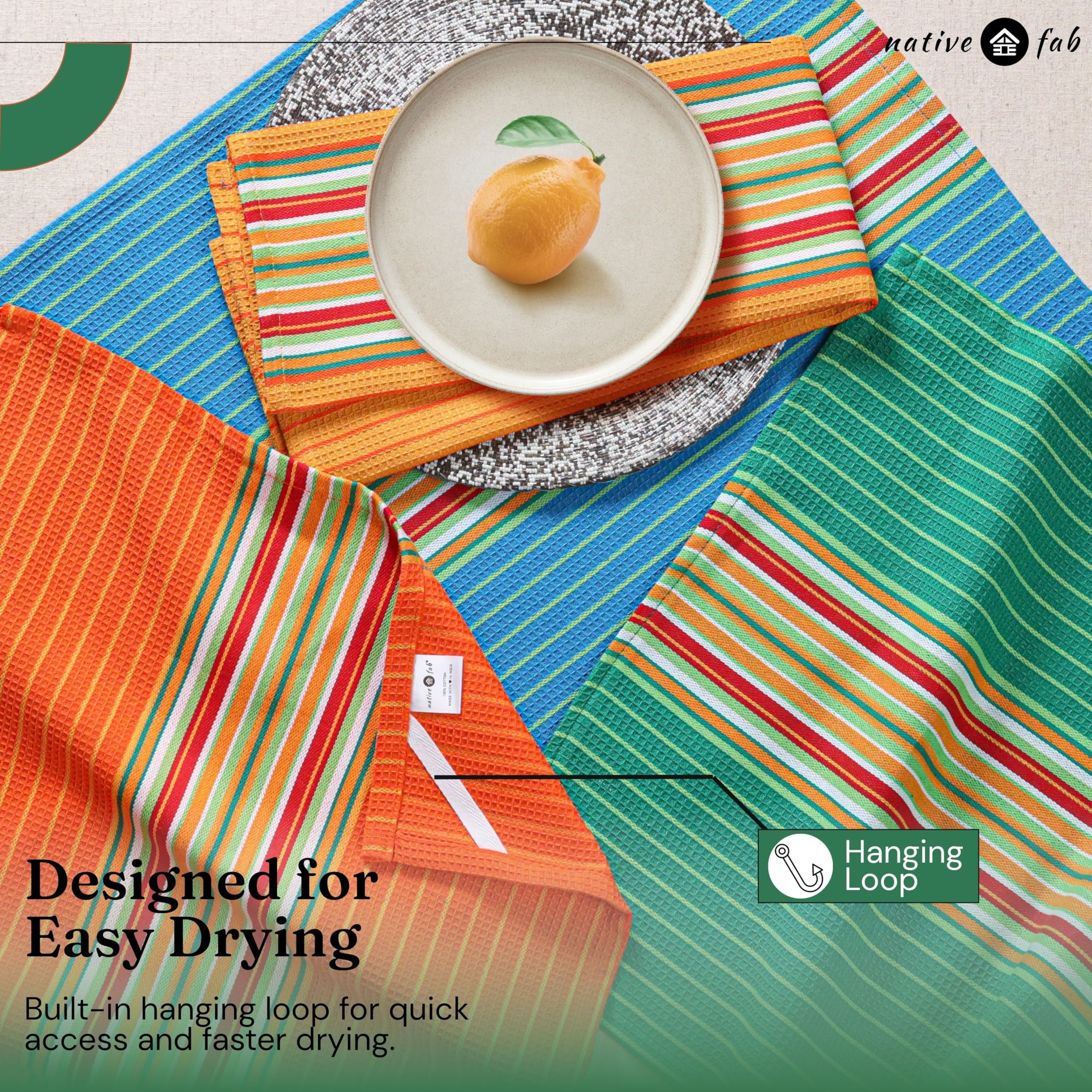 Native Fab Mexican Salsa Stripe Kitchen Towels, 12 Pack, 18x28 Inches, 100% Cotton, Highly Absorbent, Soft, Dish Towel for Drying Dishes, Everyday Kitchen Use, Reusable, Washable, Green
