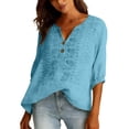 thumbnail image 3 of Womens 3/4 Sleeve Tops Cotton Linen Shirts Embroidered V Neck Button Boho Blouses Loose Fit Dressy Casual Tunic Top,Sky Blue,M, 3 of 7