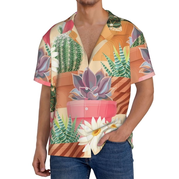 Balery Succulent And Cactus Camisa Casual de Manga Corta con Botones para Hombre, Texturizada, Estilo Cubano, para Playa, Verano-Medium