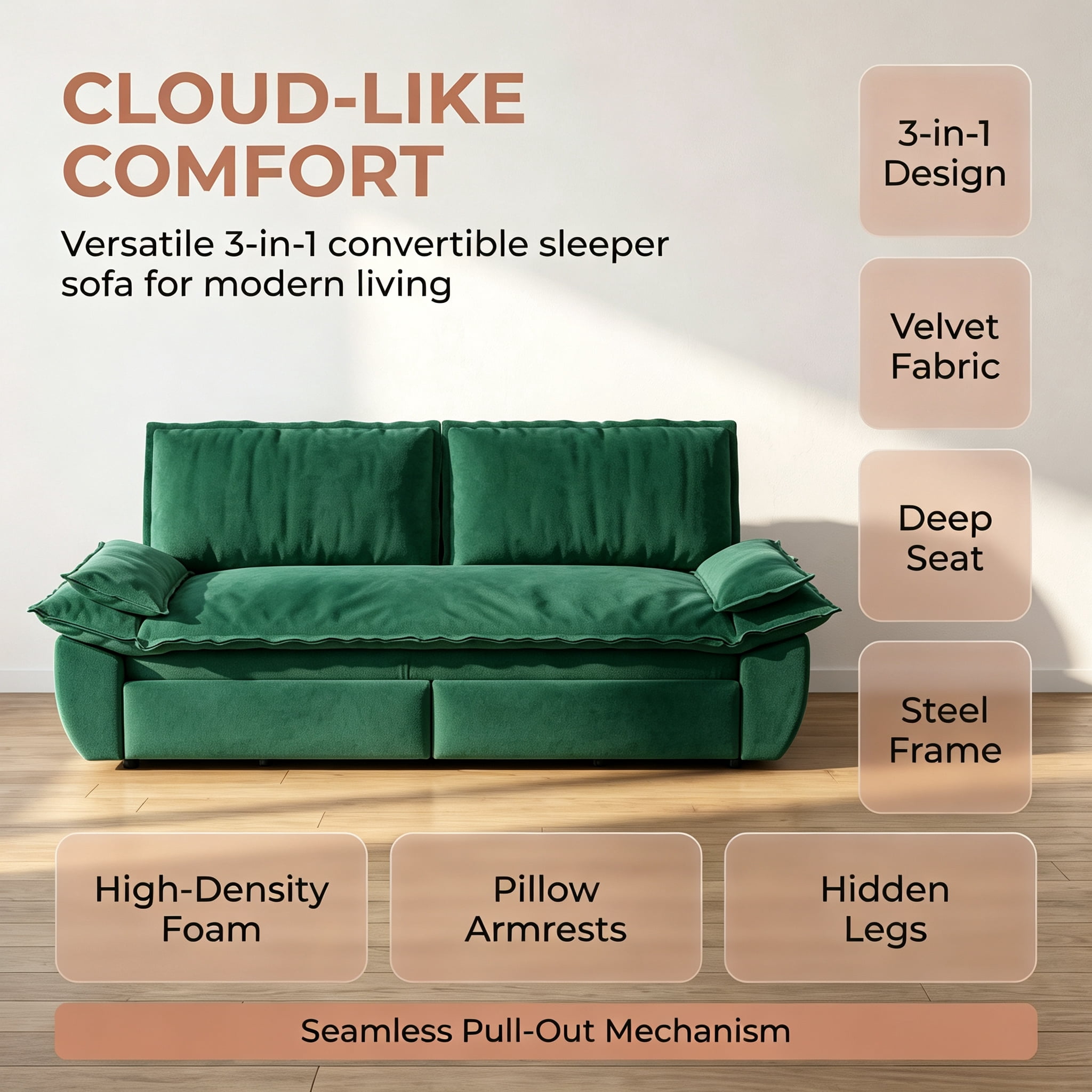 3-in-1 Queen Convertible Sleeper Sofa Bed, 73.2" Velvet Pull Out Couch with Extra Deep Seat & Pillow Top Armrests, Modern Folding Futon Lounge, Green