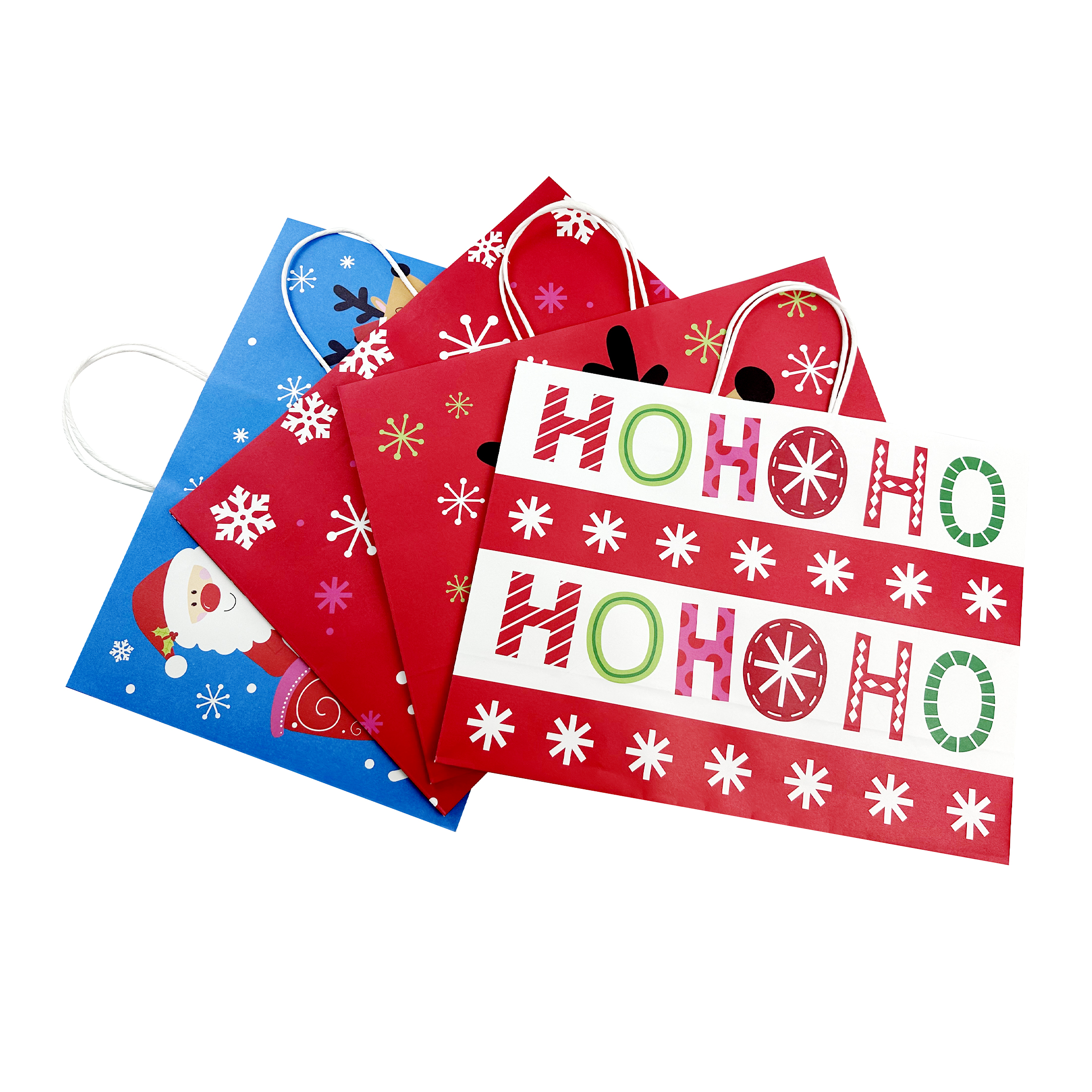Holiday Time Christmas Gift Paper Bag, XLarge, Santa, Reindeer, Snowflake, Hohoho, 16x6x12in