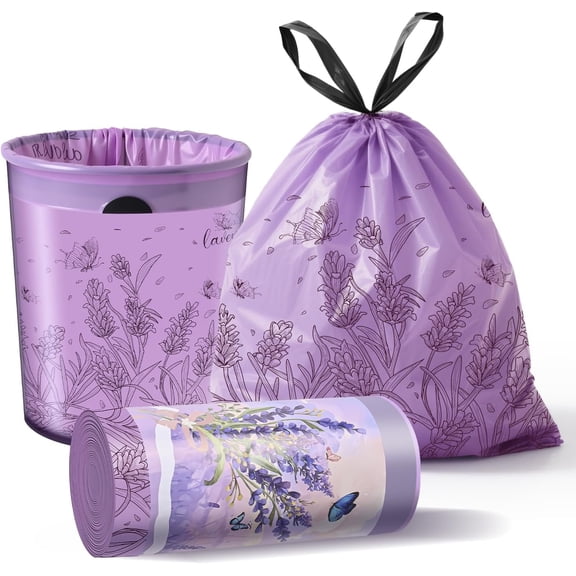 Lavender Scented Small Garbage Bags,Trash Bags 4 gallon Drawstring For Bathroom,Office,Bedroom,Car,Suitable for 2-4 gallon trash can,colorful Print,purple,50 Counts