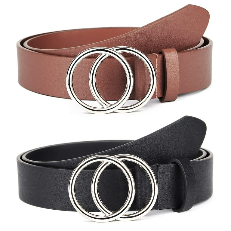 SANSTHS 2 Pack Women Leather Belts Faux Leather Jeans Belt with Double  O-Ring Buckle Size up to 58 inch at  Women’s Clothing store