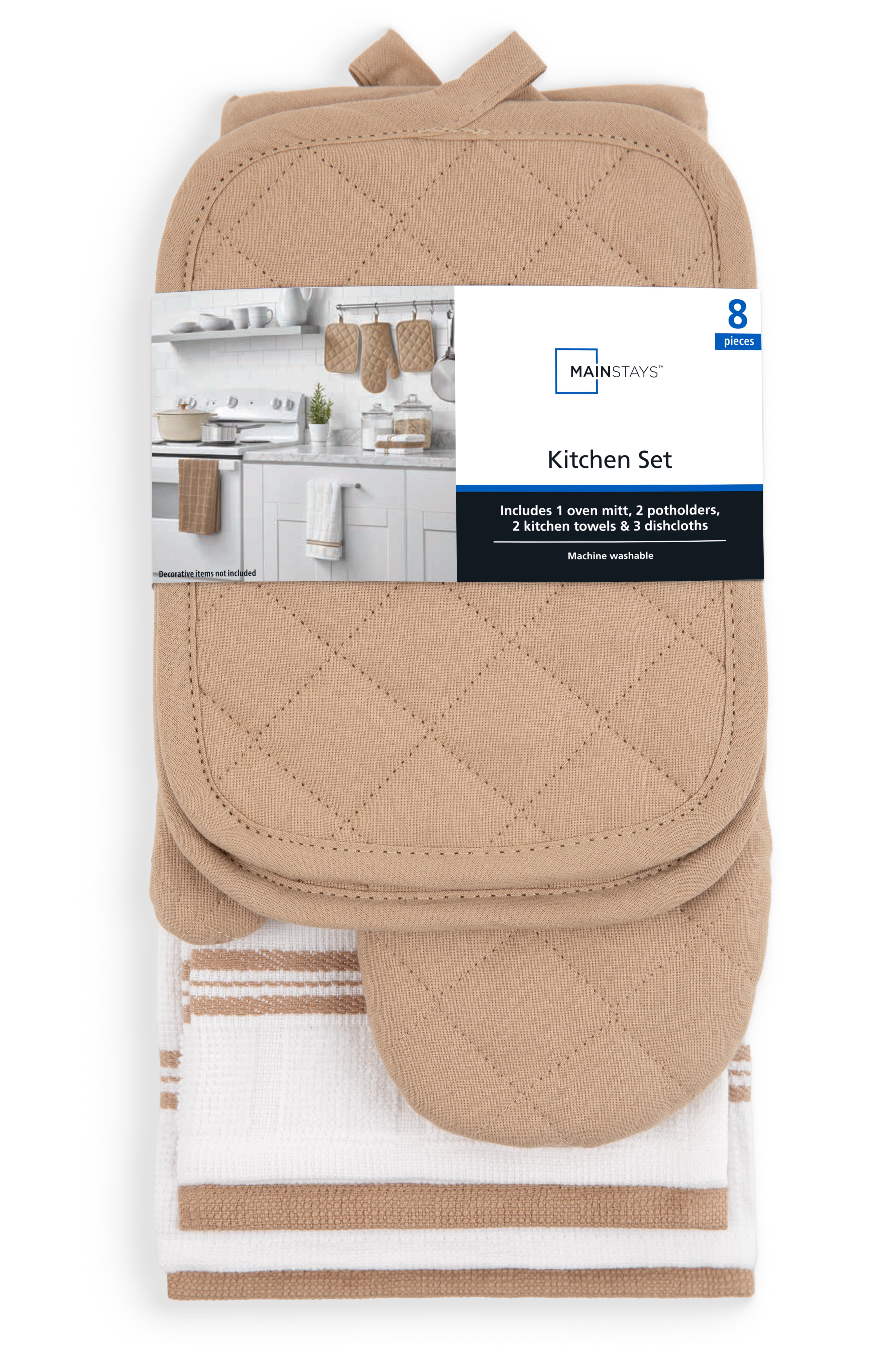 (4 pack) Mainstays 8-Piece Cotton Kitchen Towel, Dishcloth, Oven Mitt, and Pot Holder Set, Brown