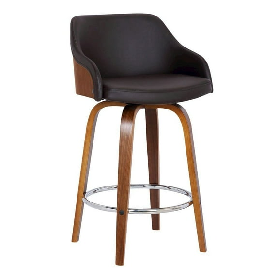 FurniFact Swivel Counter Bar Stool with Walnut Wood Finish and Brown Faux Leather