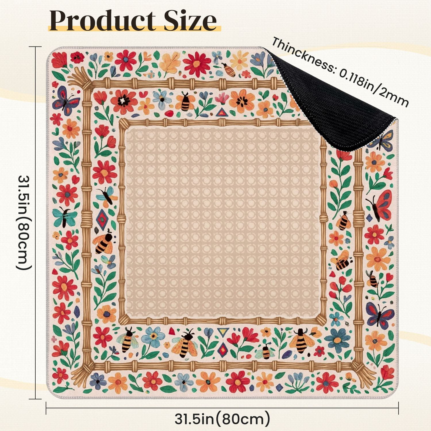 Mahjong Mat 31.5" x 31.5" Floral Border Bees Butterflies Bright Colors Anti-Slip and Noise Reduction Symmetry Design Mahjong Tiles Table Cover for Dominoes Poker Card Board and Tile Games