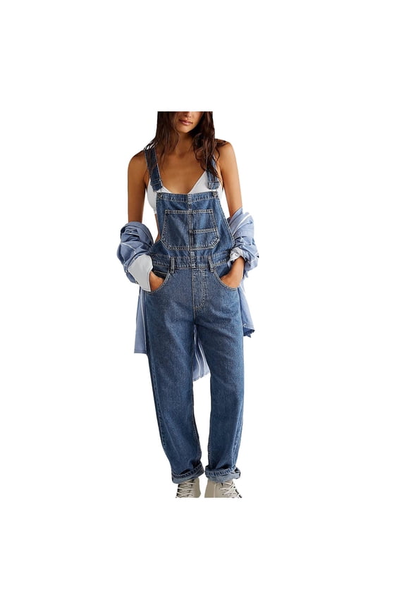 2024 Women's Overalls Loose Fit Ladies Jeans Summer Solid Color Fashion Baggy Suspenders Button Jumpsuit Casual Sleeveless Wide Long Bib Leg Rompers with Pockets Dark Blue M