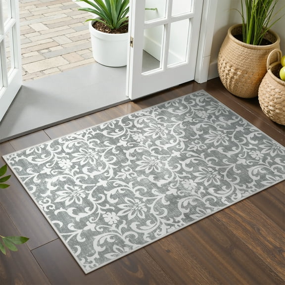 Lahome Decor 2'x3' Washable Rug for Bedroom, Vintage Area Rug for Dorm Room, Indoor Soft Distressed Floral Throw Rugs Non-Slip Backing for Entryway Farmhouse Kitchen Kids Playroom,Light Grey