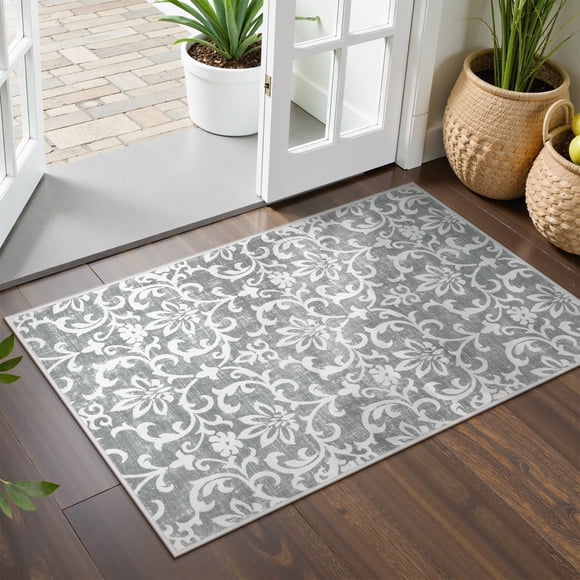 Lahome Decor Tapis Lavable 2'x3' pour Chambre, Tapis Vintage pour Dortoir, Tapis d'Intérieur Doux à Motif Floral Usé avec Endos Antidérapant pour Entrée, Ferme, Cuisine, Salle de Jeux pour Enfants, Gris Pâle