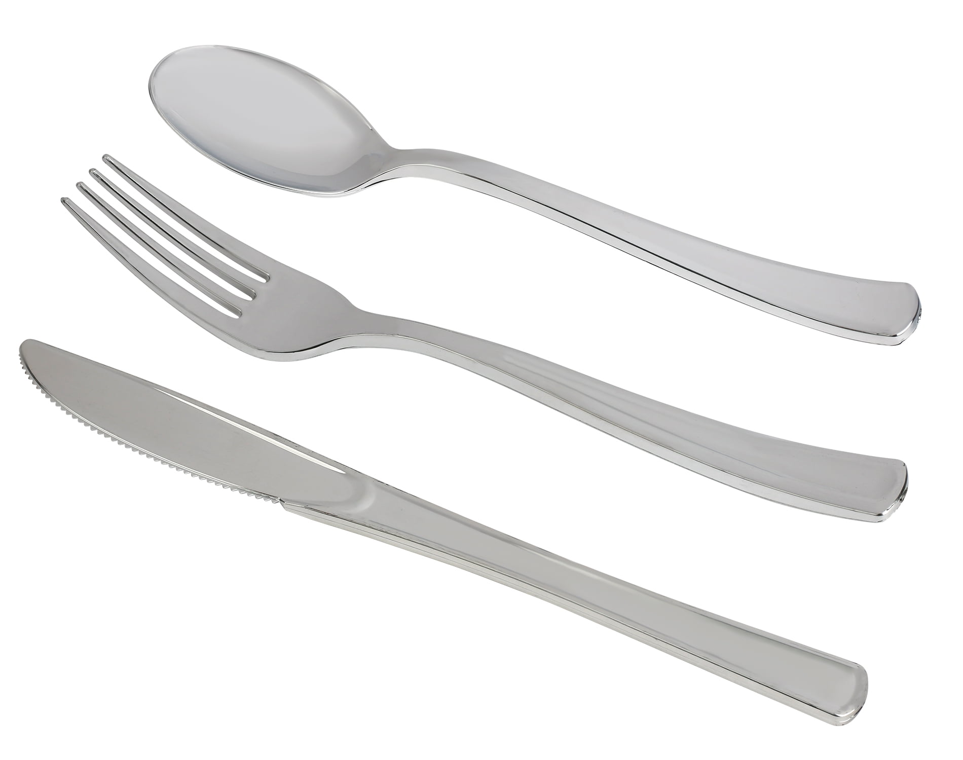 Disposable Plastic Silver Silverware Cutlery, Shiny Metallic Flatware
