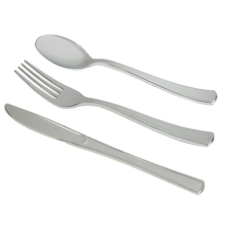 Kaya Collection - Disposable Plastic Silver Silverware Cutlery, Shiny Metallic Flatware 120 Forks, 120 Knives and 120 Spoons (360 (Best Way To Clean Silver Plated Cutlery)