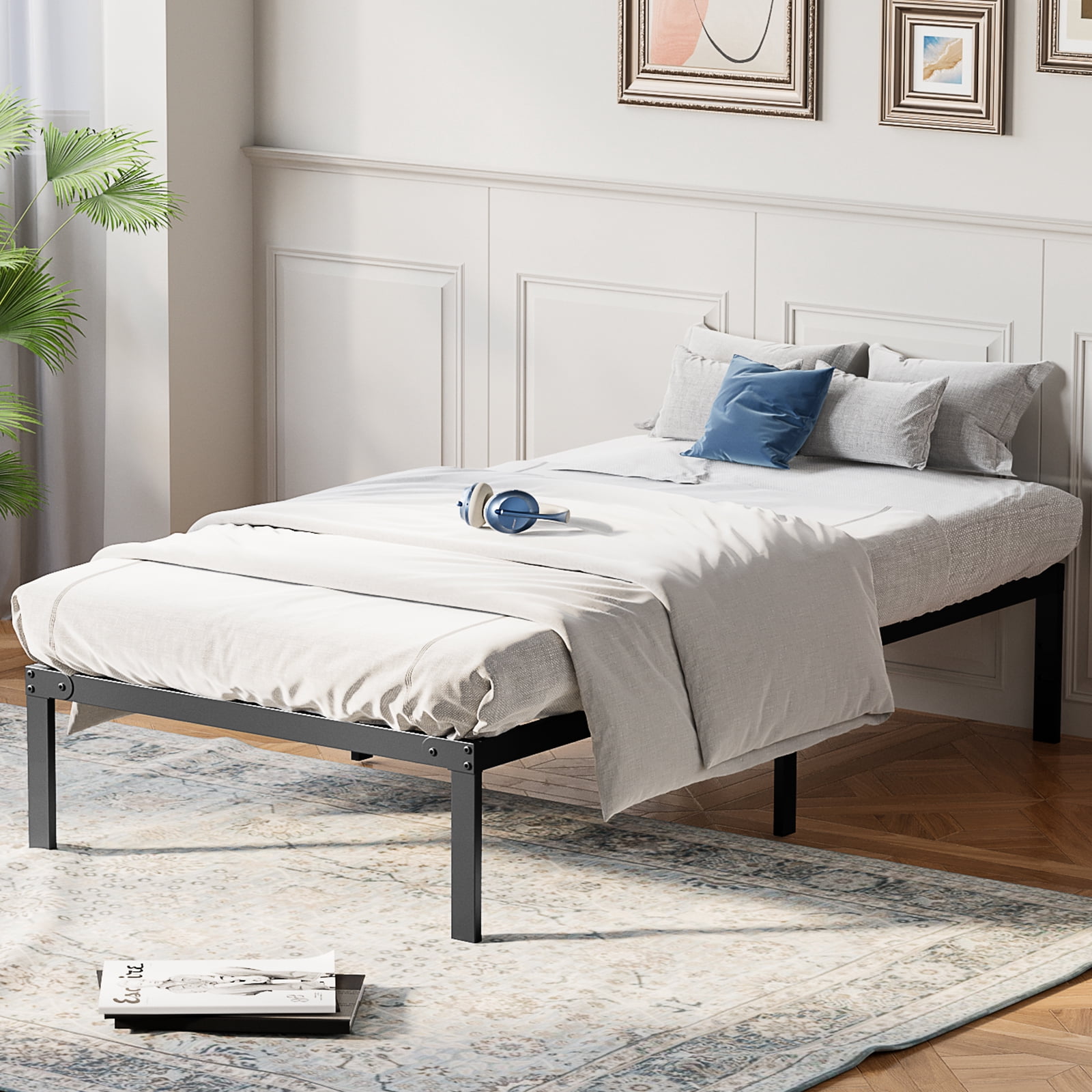 Condition photo showing New/Like New for edx 14" high twin size bed frame, heavy duty metal, no box spring required with sturdy steel slat support, under bed storage
