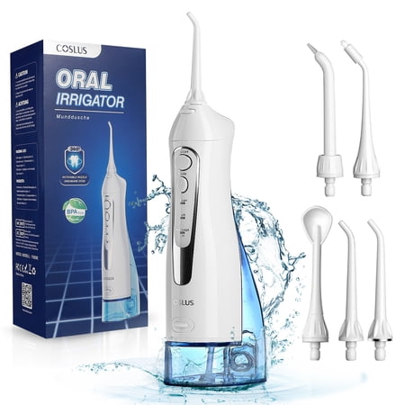 COSLUS 300ML Water Flosser, Teeth Cleaner, Rechargeable Long Last Battery, 3 Modes, 5 Cleaning Jet Tips for Travel or Home