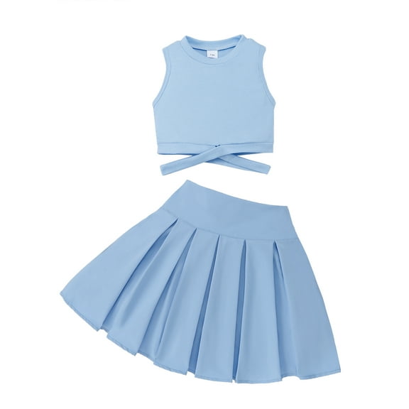 Kucnuzki 13 Years Big Girls Outfits 14 Years Youth Teen Kids Summer Clothes Solid Color Sleeveless Tank Top Pleated Skirt 2pcs Skirt Sets Sweet Clothing Blue 13-14Y