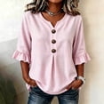 thumbnail image 6 of Hfnxid 3/4 Sleeve T Shirts for Women Loose Fit Striped Ruffle Shirt Button Up V Neck Blouses Dressy Casual Fall Clothes Pink S, 6 of 6