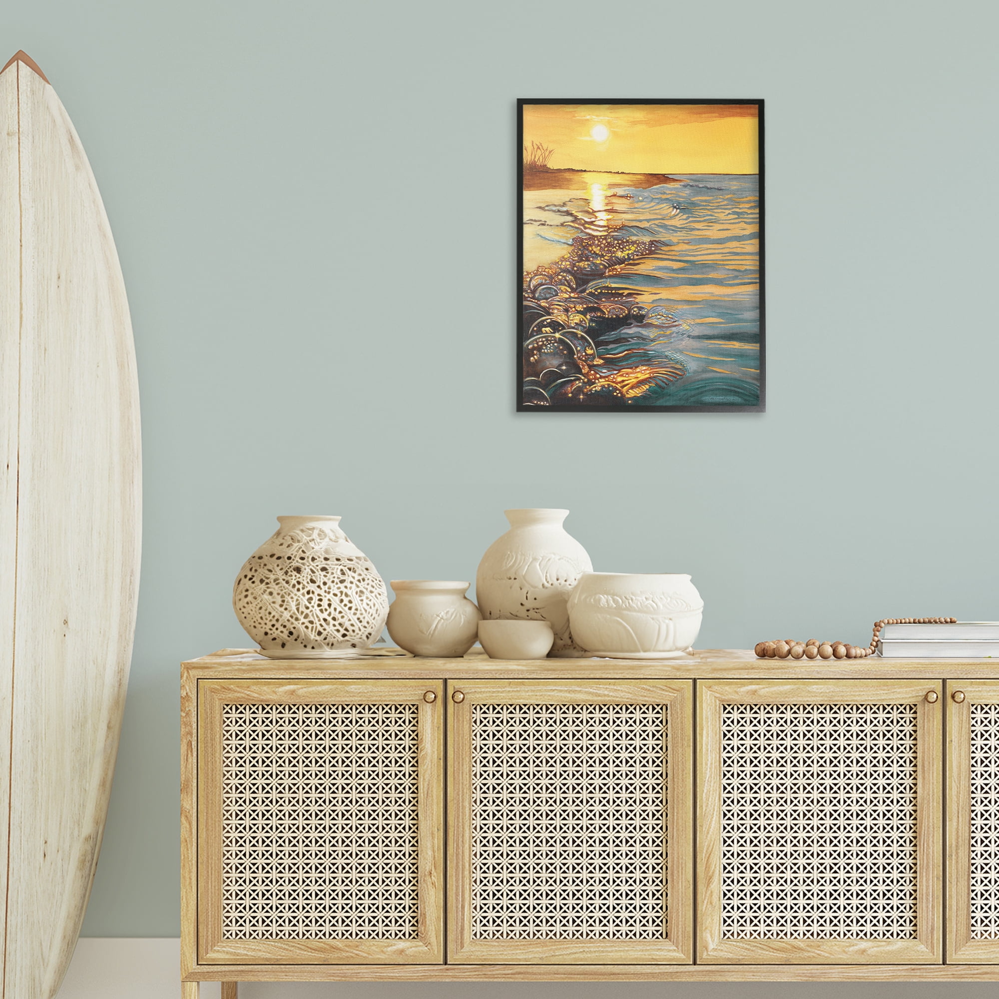 Stupell Industries Saltwater Beach Sunset Landscape Painting Black Framed Art Print Wall Art, 24 x 30