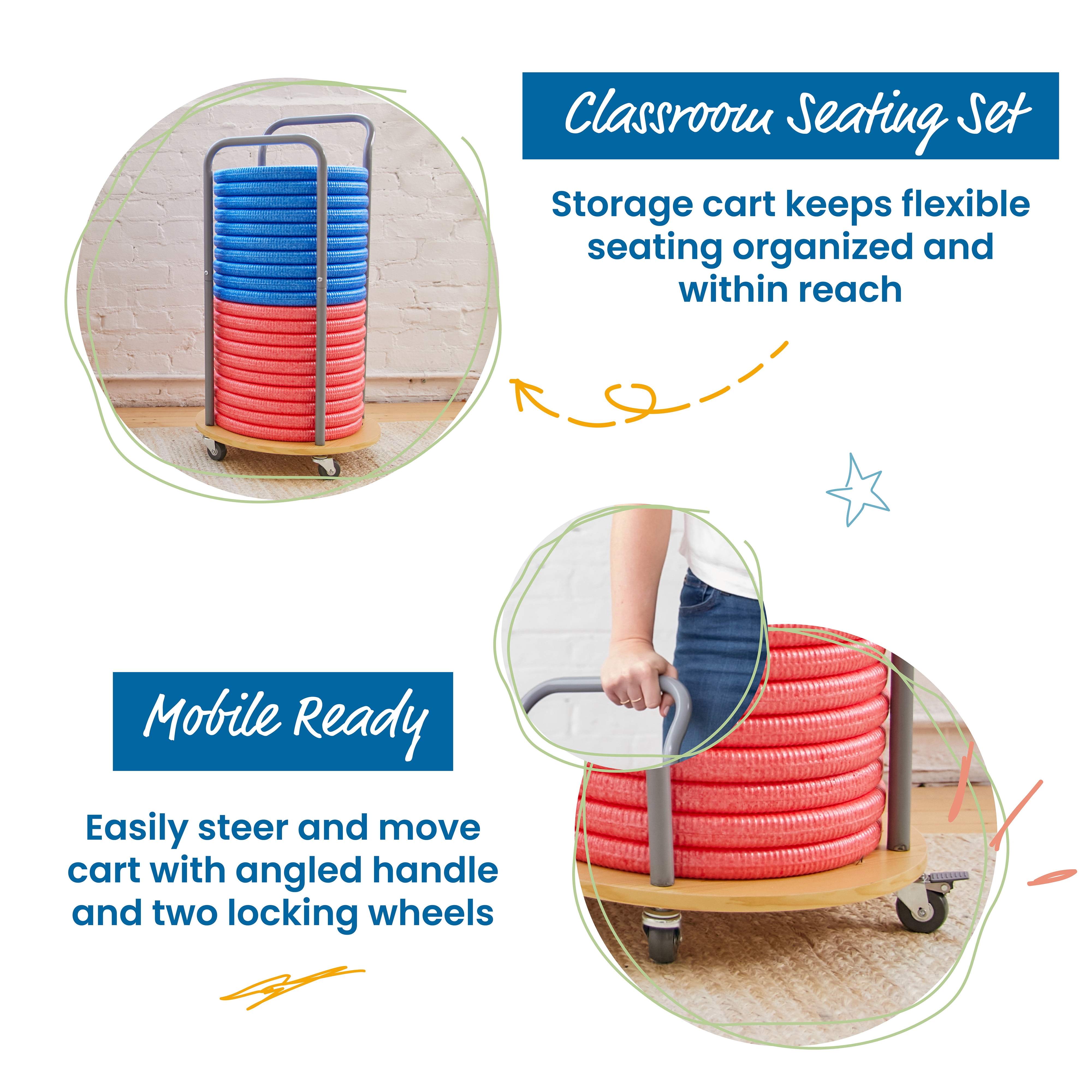 ECR4Kids CircleSpots and Mobile Cushion Cart, Flexible Seating, Blue/Red, 20-Piece