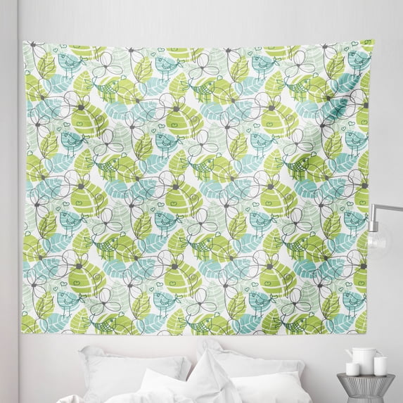Leaves Tapestry, Doodle Birds and Flowers with Foliage Hearts Ornamental Print, Fabric Wall Hanging Decor for Bedroom Living Room Dorm, 5 Sizes, Charcoal Grey Pale Green, by Ambesonne
