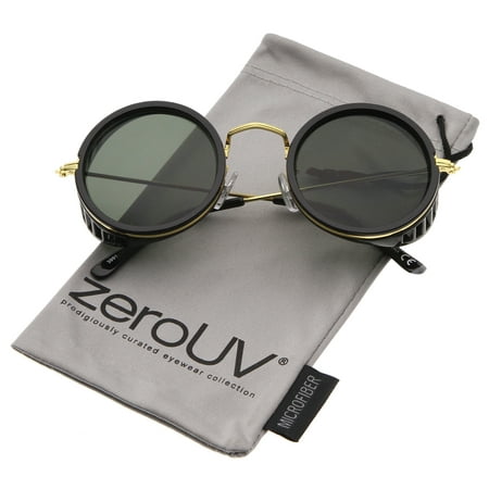 zeroUV - Retro Steampunk Side Cover With Cutouts Thin Metal Temples Round Sunglasses 47mm - 47mm
