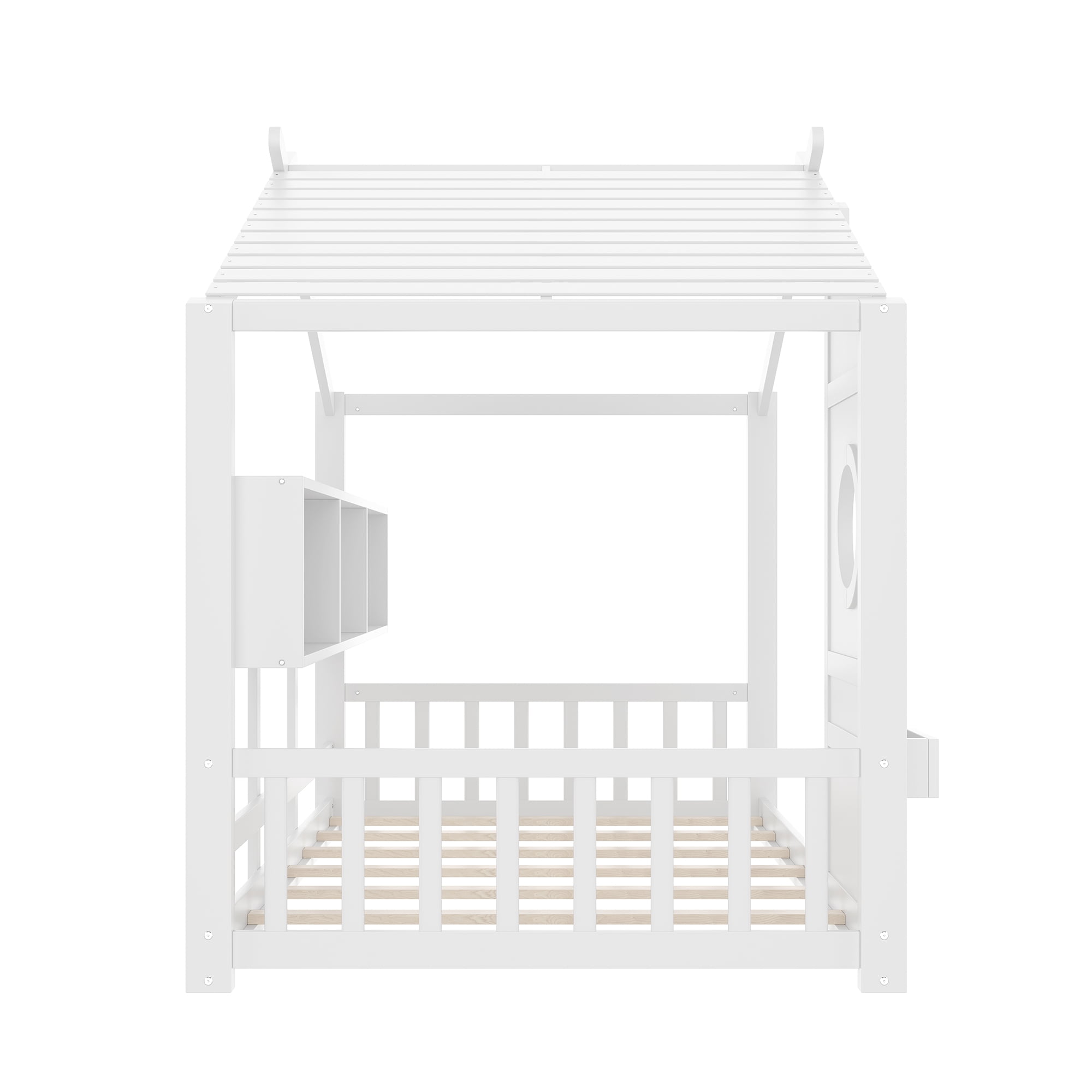 Miniyam Twin Size Montessori Floor House Bed with Roof Design and Storage Shelf for Kids, White