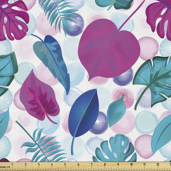 Blue and Pink Fabric by the Yard, Tropical Pattern with Abstract Vivid Leaves on Pastel Rounds, Decorative Upholstery Fabric for Sofas and Home Accents, 10 Yards, Multicolor by Ambesonne