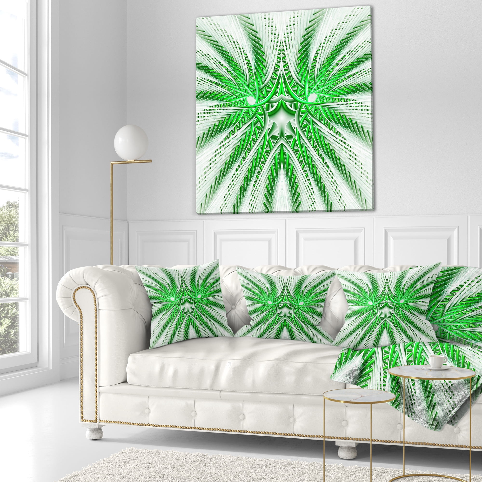 Designart Glowing Green Fractal Flower in White - Abstract Throw Pillow - 16x16