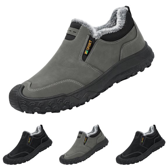 Winter Fleece Lined Slip On Work Sneakers for Men Wear-Resistant Suede Upper Protective Toe Rugged Anti-Slip Sole Outdoor Hiking Sport Shoes