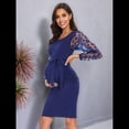 thumbnail image 4 of Vestido Midi de Maternidad de Larga con Floral, Vestido Ajustado de Otoño para Baby Shower o Sesión de Fotos. Azul Oscuro XXL, 4 of 9