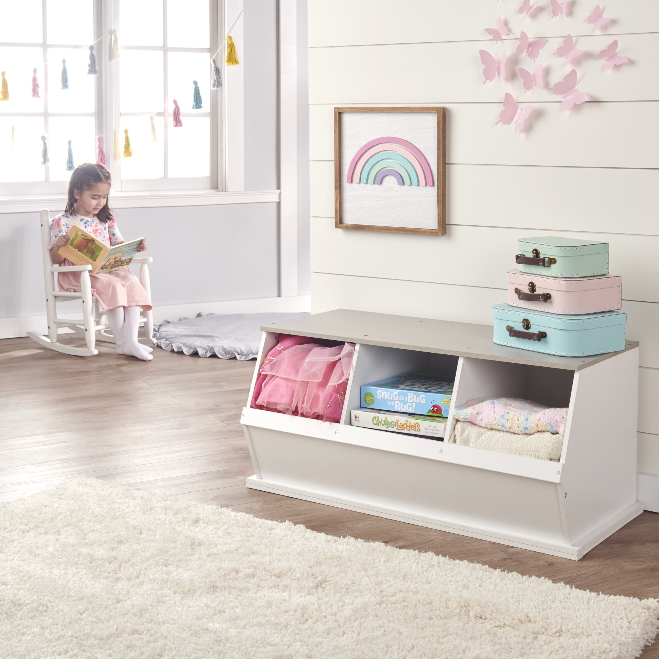 Badger Basket Children's Stackable Wooden 3-Bin 33 gal Toy Storage Cube, White & Gray