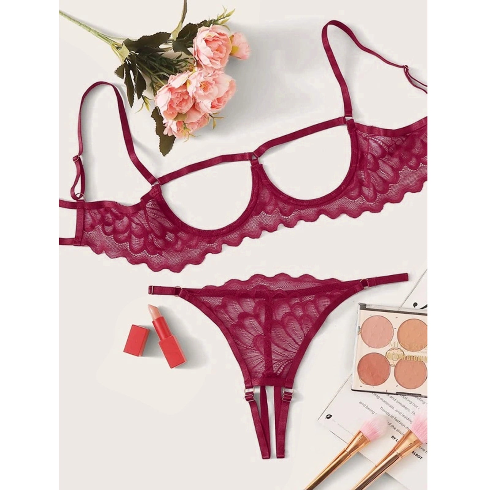 Lolmot Sexy Lingerie for Women Floral Lace Cut Out Bra and Thongs Panty Set  Two Piece Lingerie Set Valentines Gifts on Clearance 