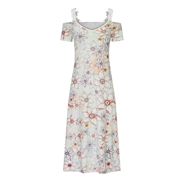 Floleo Womens Maxi Dress Lace Strap Sexy Sundresses V Neck Floral Print  Long Dresses Cold Shoulder Short Sleeve Vacation Cami Dress - Walmart.com