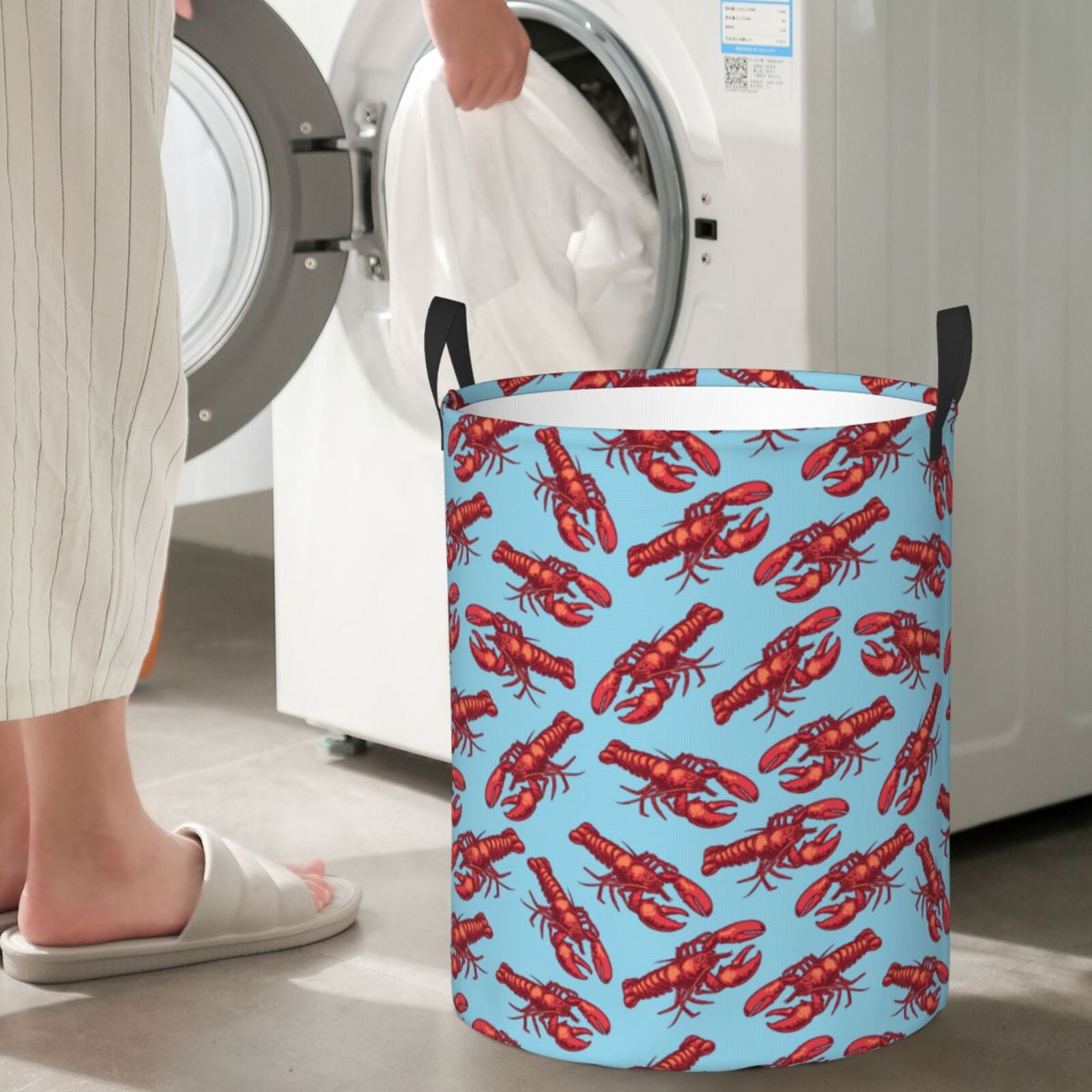 Large Laundry Basket with Handles - Red Lobster Print Blue Kids Baby Dirty Clothes Laundry Hamper for Bedroom Aesthetic