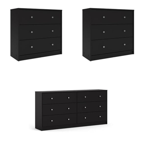 Home Square Set of 3 3-Drawers Two Chests and 6-Drawers Double Dresser in Black