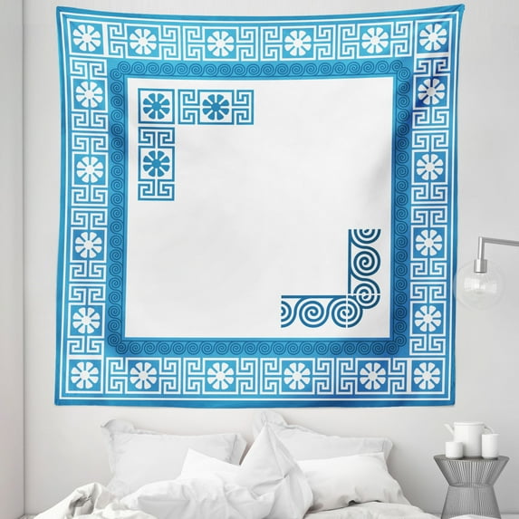 Greek Key Tapestry, Frame Traditional Vintage Square White Flowers and Fret Pattern, Fabric Wall Hanging Decor for Bedroom Living Room Dorm, 5 Sizes, Blue White, by Ambesonne