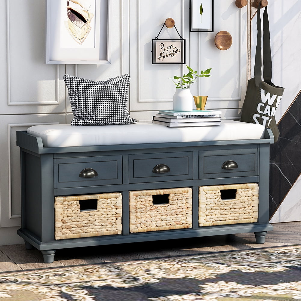 Lowestbest Shoe Bench with Removable Cushion, Rustic Storage Bench with 3 Drawers and 3 Rattan Baskets (Navy) Lowestbest Shoe Bench with Removable Cushion, Rustic Storage Bench with 3 Drawers and 3 Rattan Baskets (Navy)