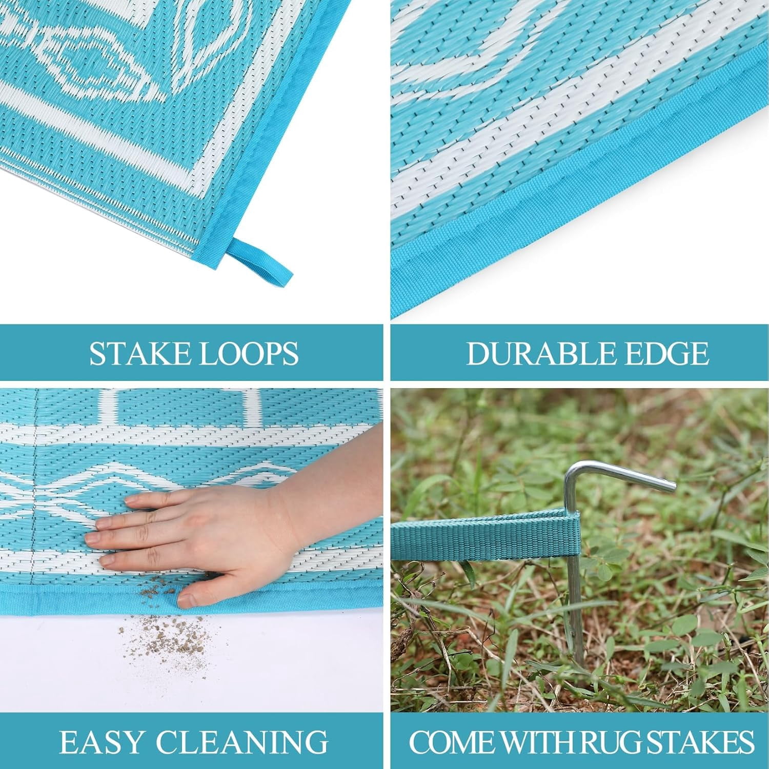 Memoryfield Waterproof Outdoor Rug 9x18ft for Patios, Plastic Straw Rug Outside Carpet Mats for Picnic, Backyard, Deck, Balcony, Porch, Beach, Light Blue & White