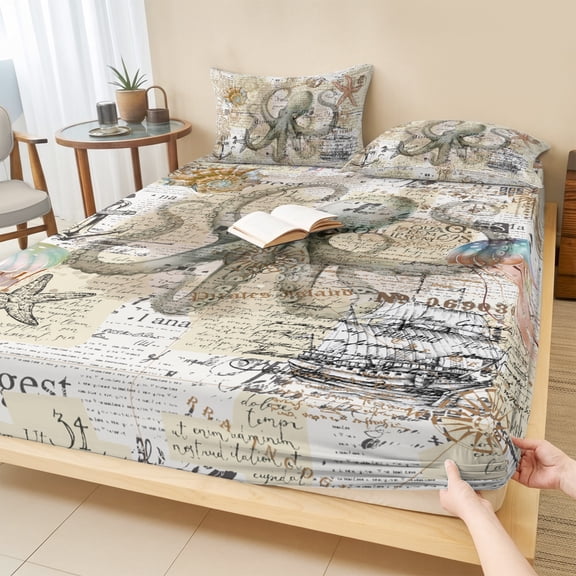 Full Size Fitted Sheet Set - Coastal Octopus 3 Piece Bedding Sets 16" Deep Pocket Fitted Sheet with 2 Pillowcases Vintage Nautical Summer Beach Starfish Brushed Microfiber Hotel Luxury Bed Sheets