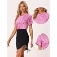 thumbnail image 2 of Camiseta de manga corta con cuello redondo informal de terciopelo vintage para mujer Rosa Caliente M, 2 of 6