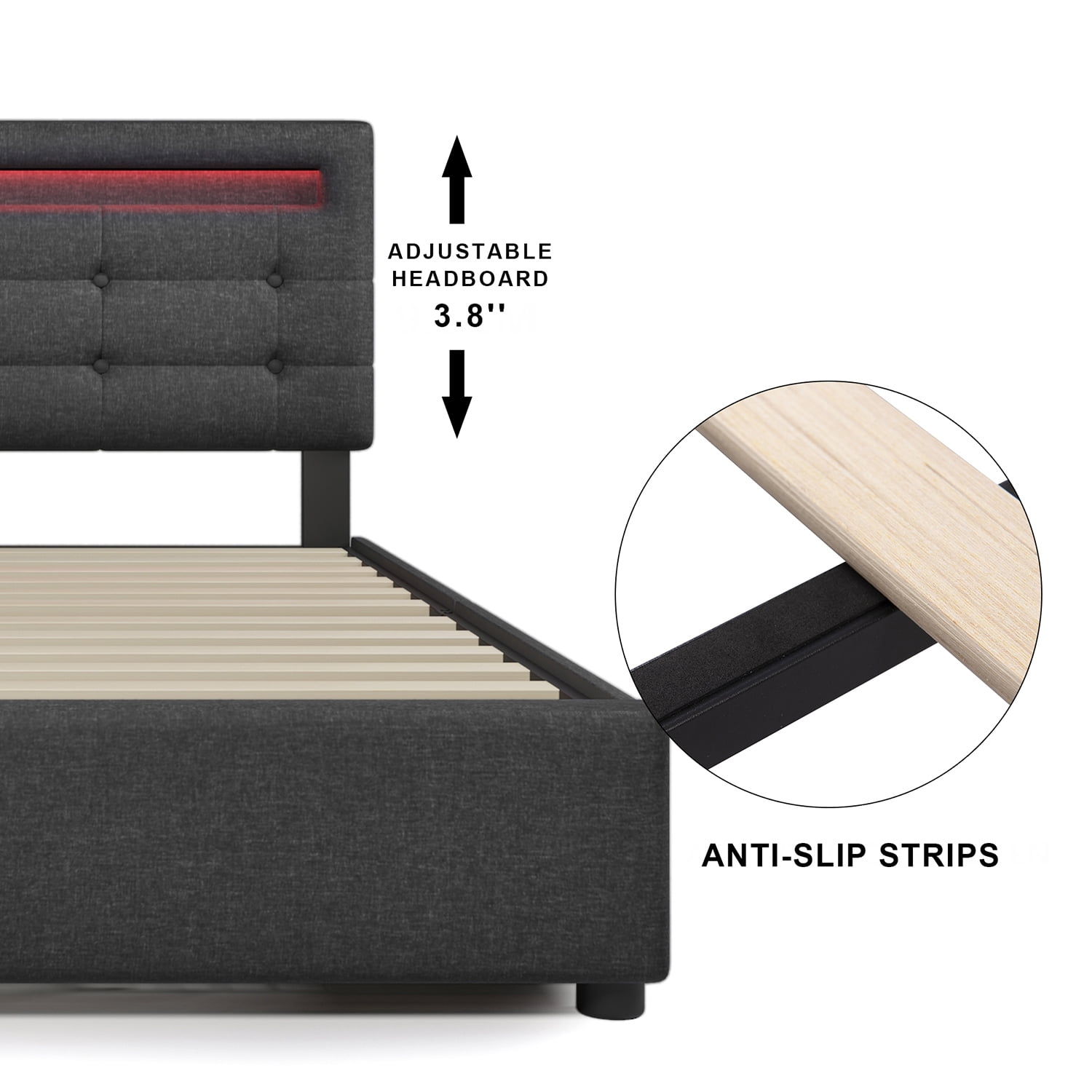 Kadyn Bed Frame Full Size, Upholstered Platform Bed Frame with 4 Storage Drawers and LED Lights & Adjustable Headboard,No Box Spring Needed,Grey