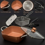 Moss & Stone 5 Pcs Copper Chef Cookware Set, 9.5” Non Stick Deep Frying Pan, Fry Basket, Steamer Rack, Dishwasher & Oven Safe, 5 Quart Deep Square Pan, Induction Copper Cookware Set - 9.5x3.5