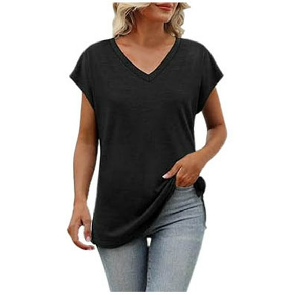 NJGRAE Off Shoulder Tops for Women Cropped Casual T-Shirts Women Women's Summer Fashion Casual V Neck Low Neckline Short Sleeved Solid Color Printed Loose T Shirt Top Womens T Shirt Xl