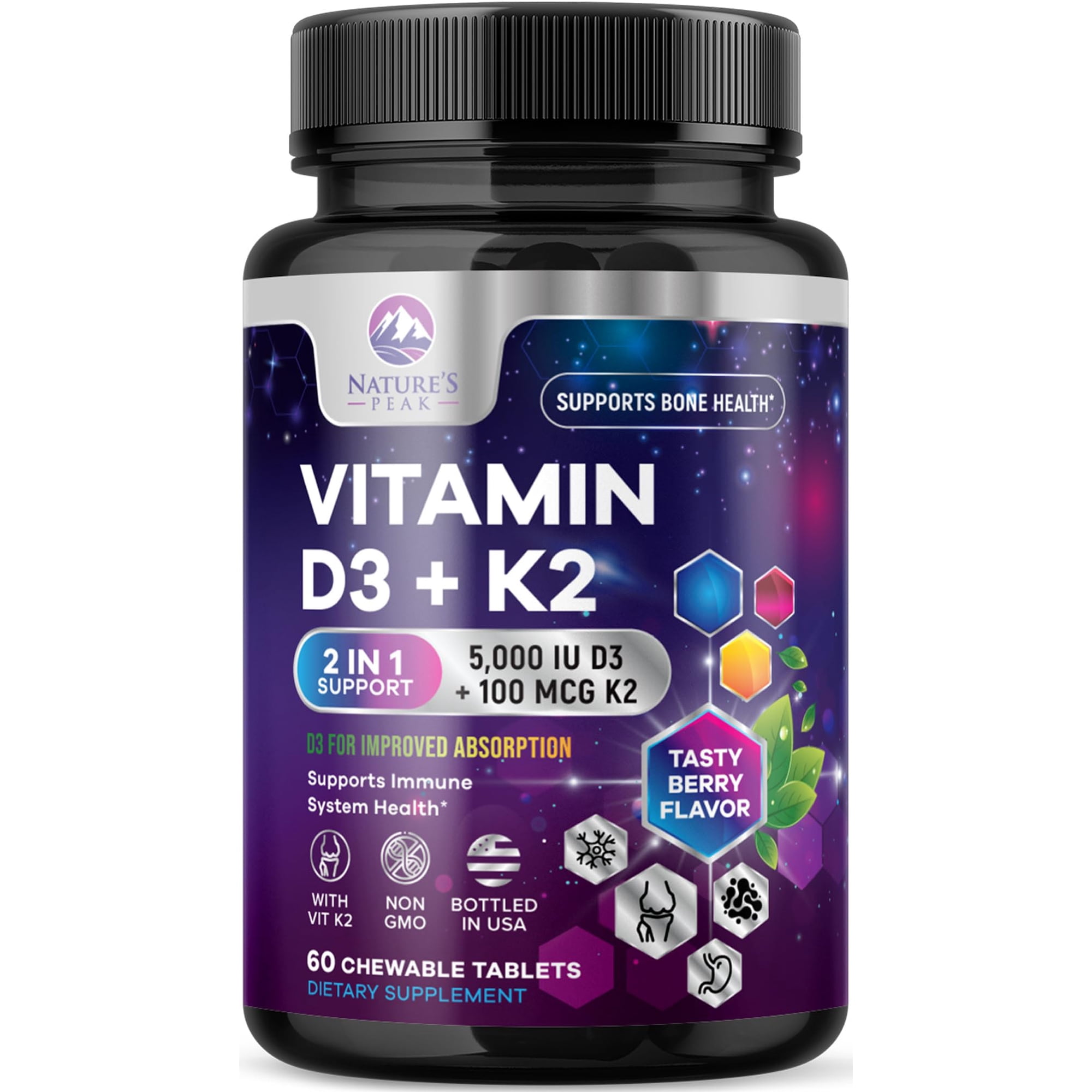 Vitamin D3 K2 - 5000 IU Vitamin D3 & 100 mcg Vitamin K2 MK-7 per Serving - Bone, Heart, & Immune Health Support - Calcium Absorption - D3K2 Berry Chew, Gluten Free, Non-GMO, Bottled USA - 60 Tablets