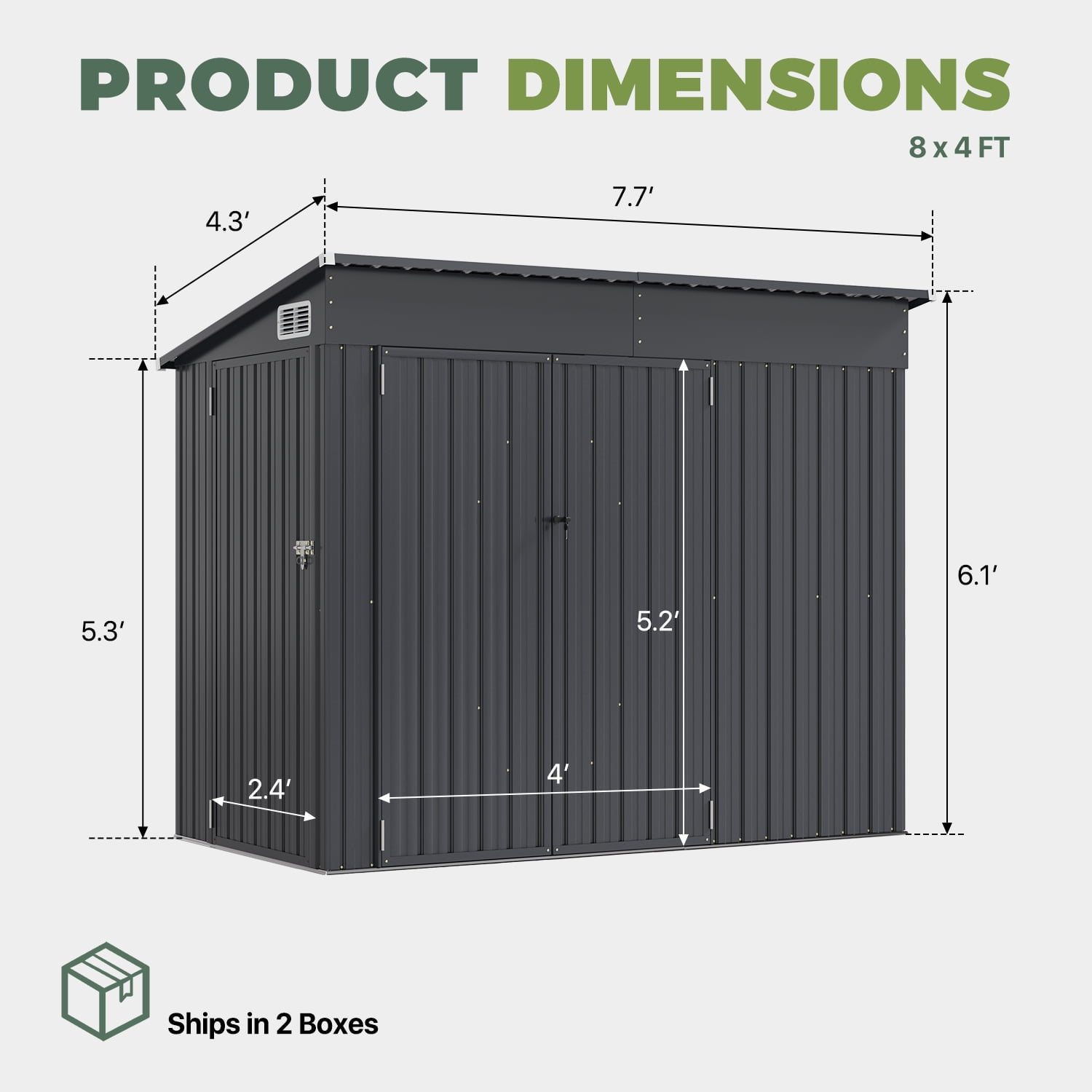BaPiPro 8'x4' Lean-to Metal Storage Shed with Floor, Outdoor Lockable Shed with Triple Doors & Vents for Garden, Backyard, Patio - Black