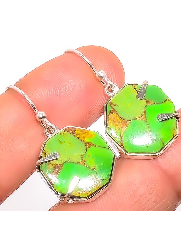 Copper Green Turquoise - Arizona Gemstone 925 Silver Plated Earring 1.17" A370, Valentine's Day Gift, Birthday Gift, Beautiful Jewelry For Woman