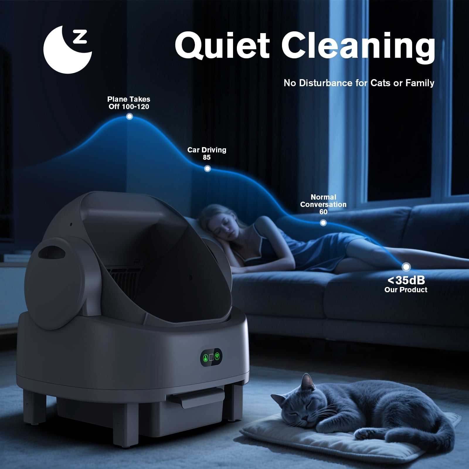 LUODIER Self-Cleaning Litter Box, Automatic Open-Top Cat Litter Box with App Control & Safety Sensors, Includes Litter Liners & Mat, Light Grey