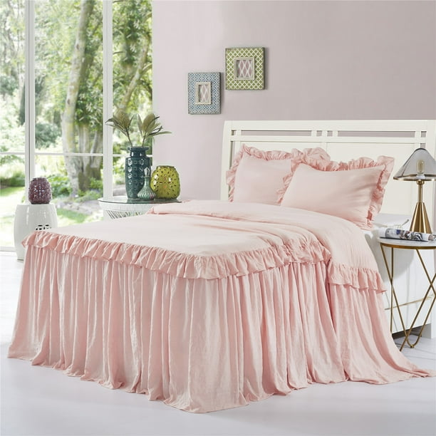HIG 3 Piece Ruffle Skirt Bedspread Set KingPink Color 30 inches Drop