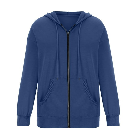 Women's Long Sleeve Zip Front Sweater Stylish Hooded Top with Pockets Soft Comfortable Fabric Blue L